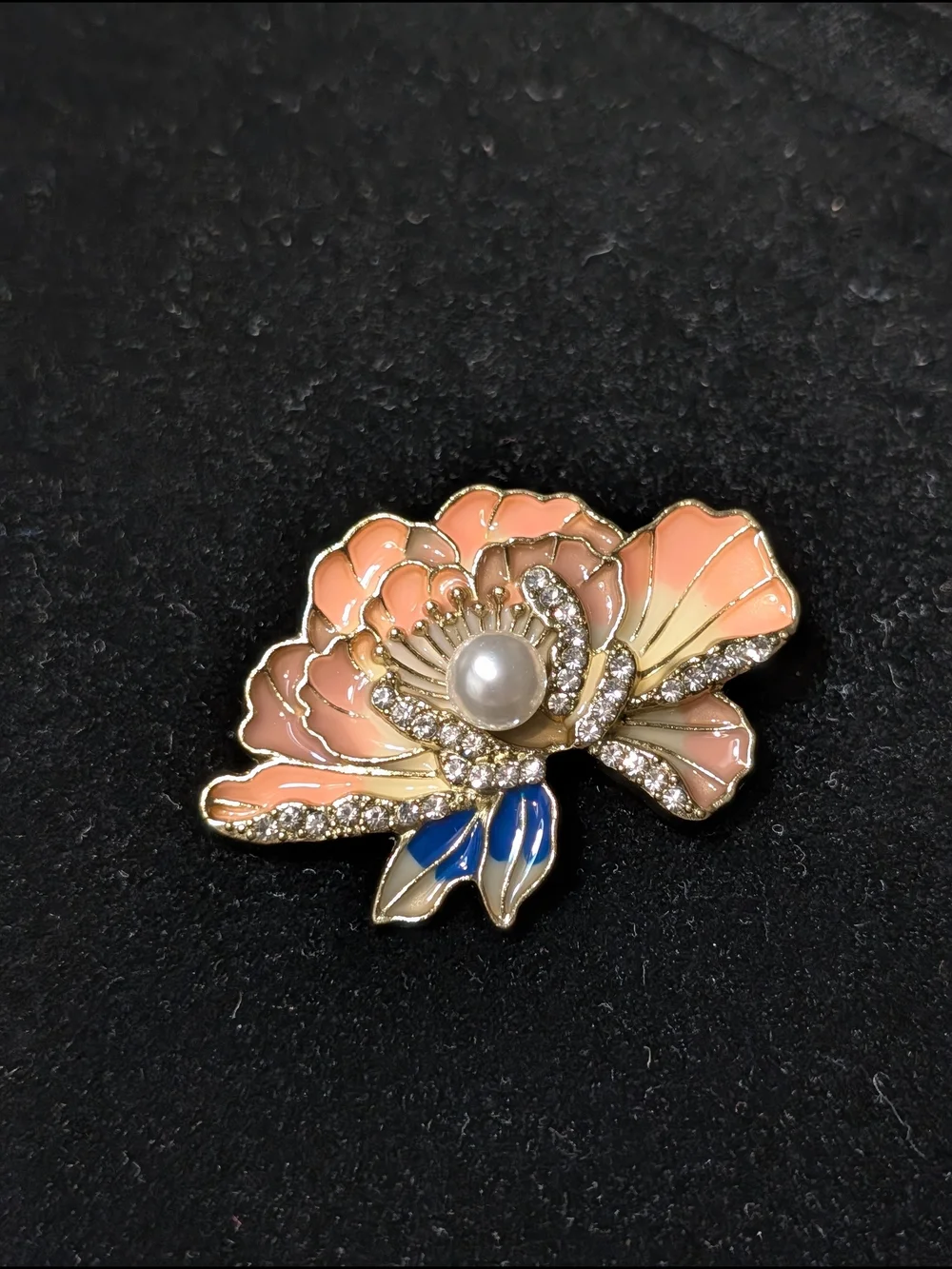 Elegant Pink Enamel Flower Brooch with Pearl and Crystals
